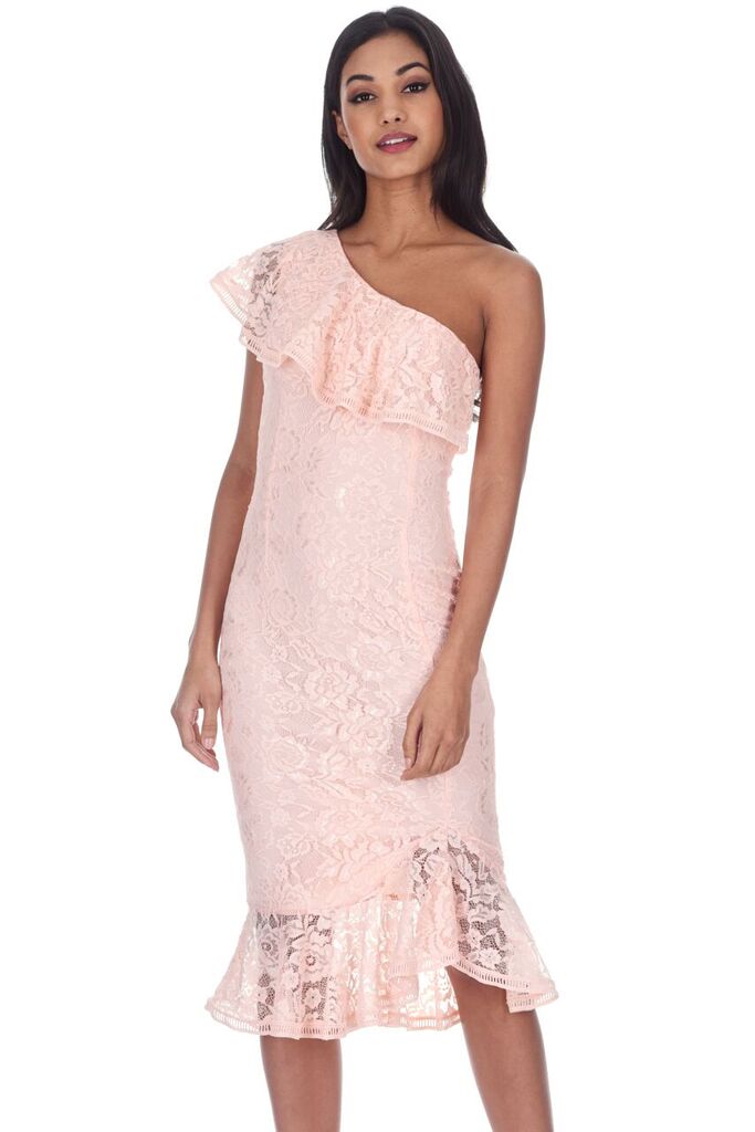 Blush Lace One Shoulder Frill Detail Midi Dress – AX Paris