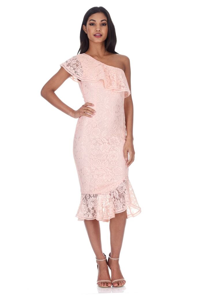 Blush Lace One Shoulder Frill Detail Midi Dress AX Paris Blush Lace One Shoulder Frill Detail Midi Dress AX Paris