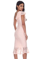 Blush Lace One Shoulder Frill Detail Midi Dress