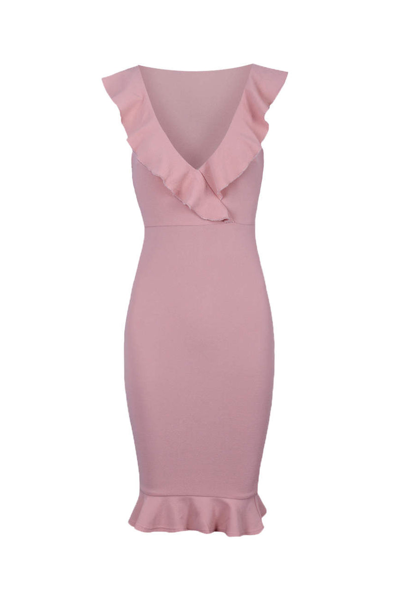 Blush V Neck Frill Detail Bodycon Dress