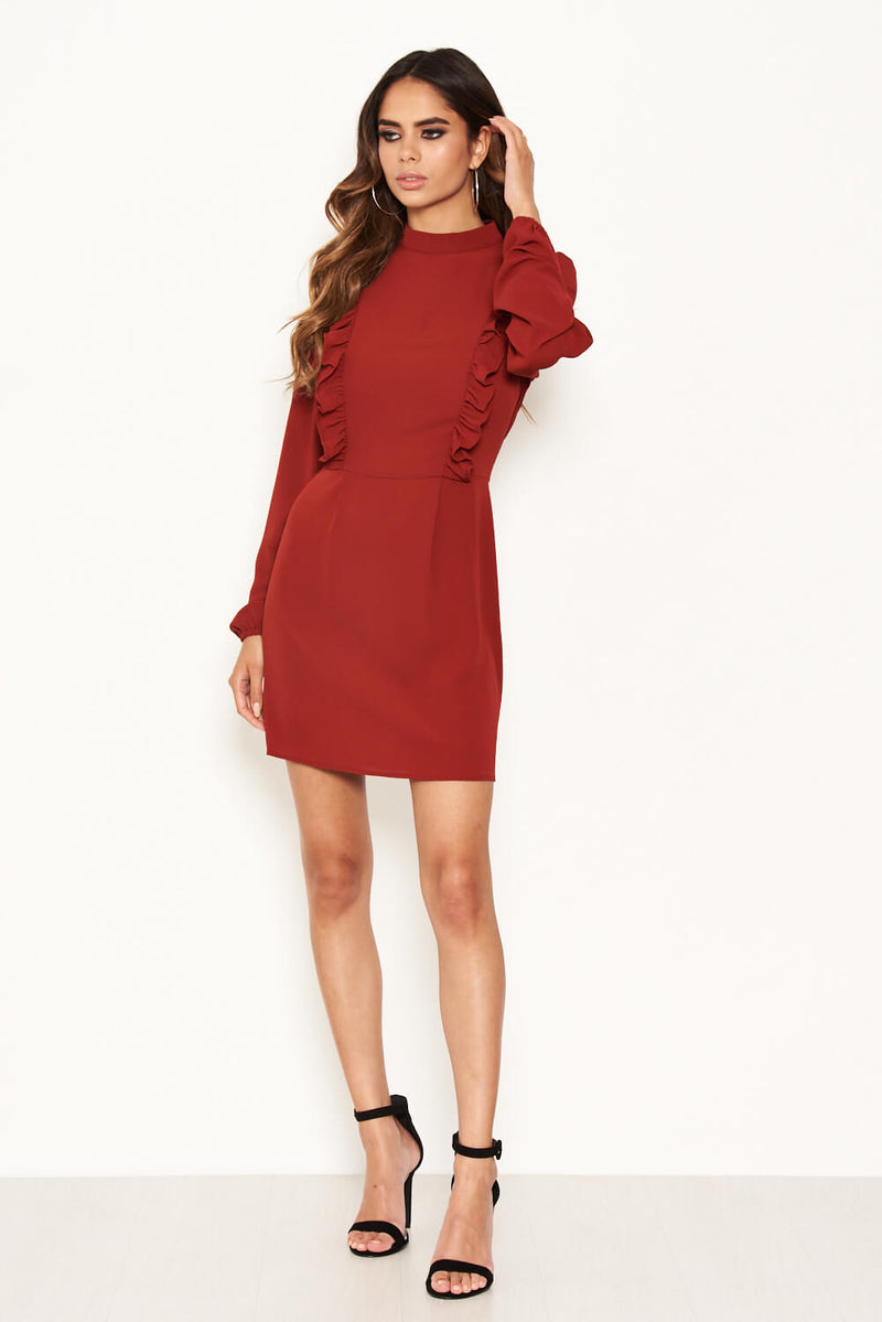 Brick High Neck Ruffle Dress