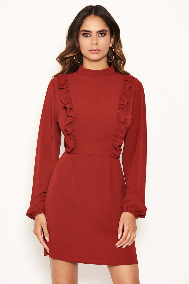 Brick High Neck Ruffle Dress