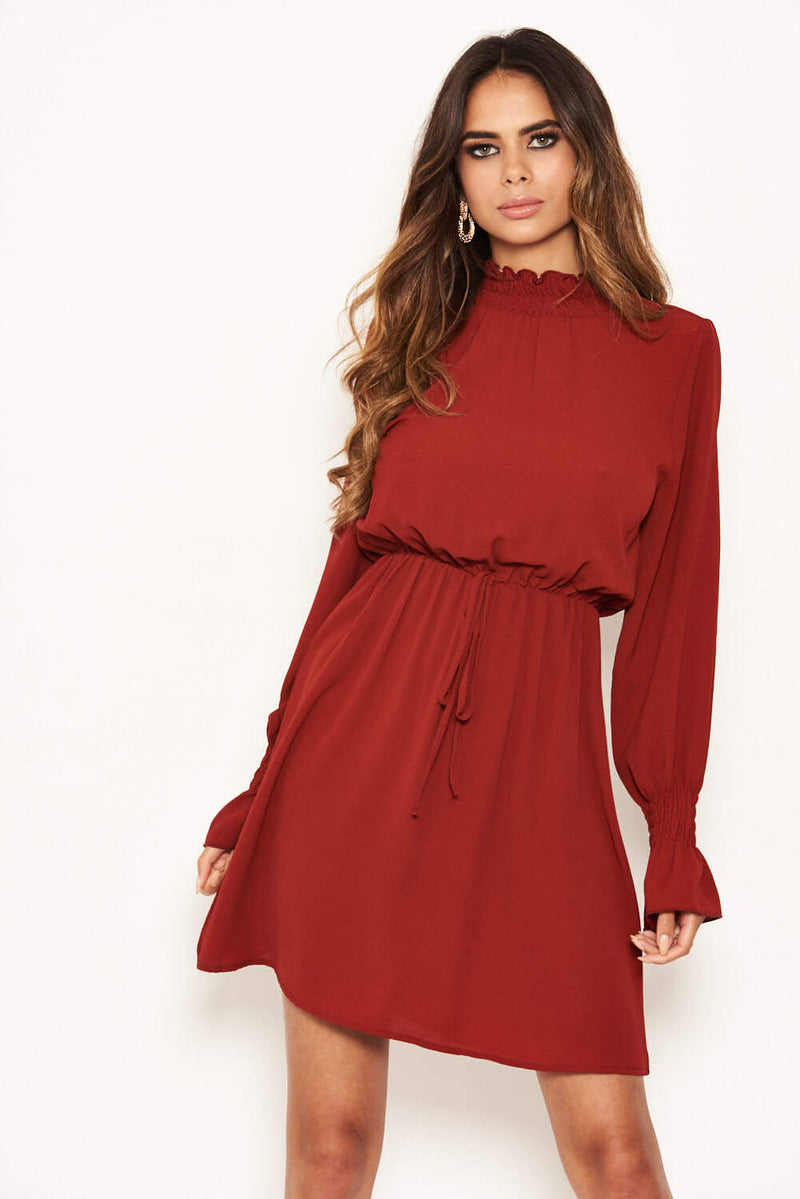 Brick High Neck Skater Dress