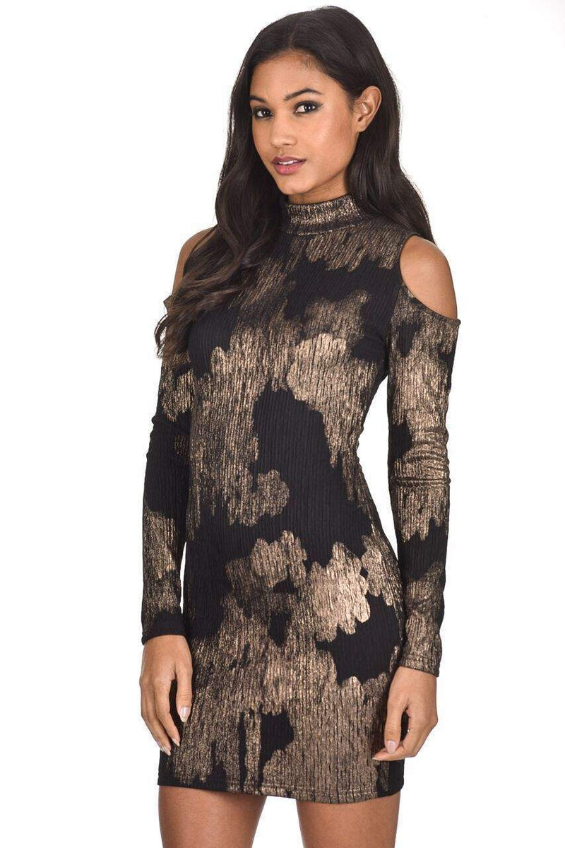 Bronze Off The Shoulder Crinkle Bodycon Mini Dress