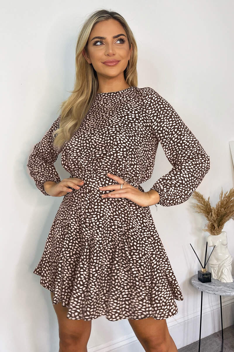 Brown Pleated Long Sleeve Skater Dress AX Paris Brown Pleated Long Sleeve Skater Dress AX Paris