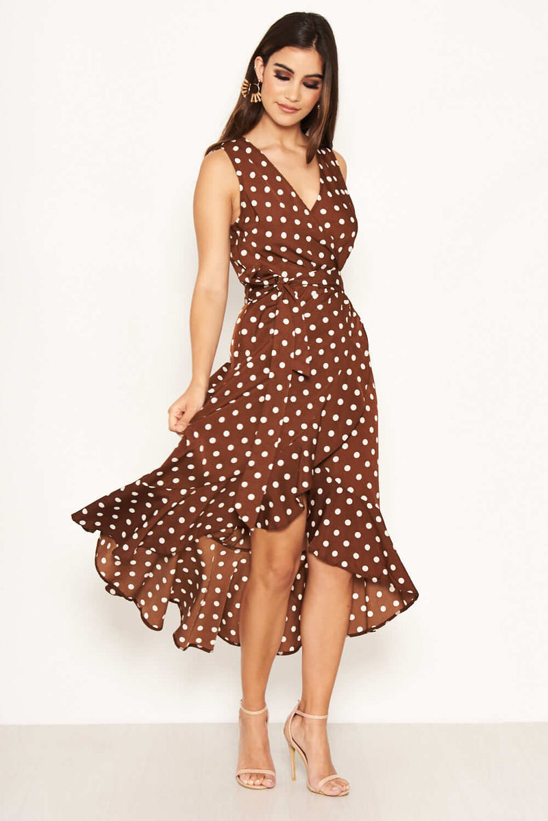Brown Polka Dot Wrap Dress AX Paris Brown Polka Dot Wrap Dress AX Paris