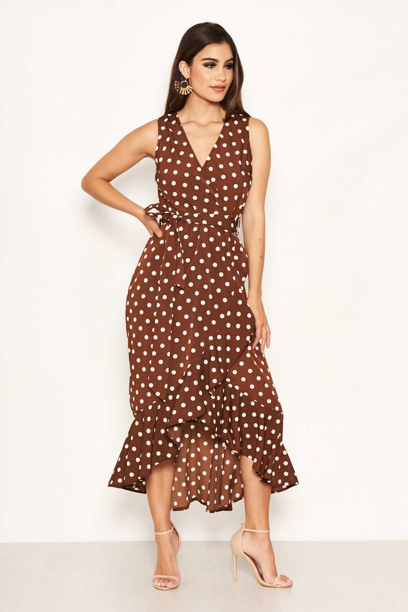 Brown Polka Dot Wrap Dress AX Paris Brown Polka Dot Wrap Dress AX Paris