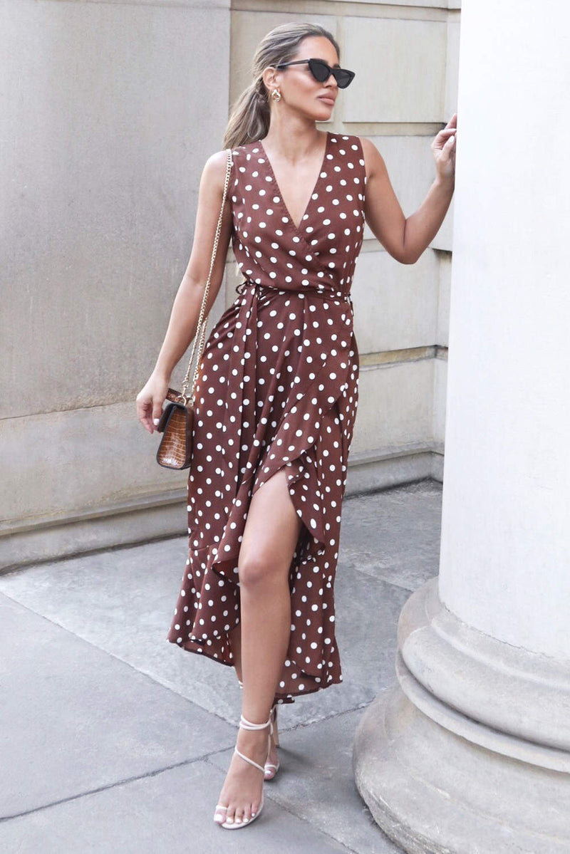 Brown Polka Dot Wrap Dress AX Paris Brown Polka Dot Wrap Dress AX Paris