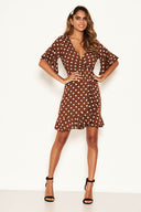 Brown Polka Dot Wrap Frill Dress