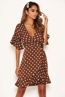 Brown Polka Dot Wrap Frill Dress