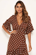 Brown Polka Dot Wrap Frill Dress