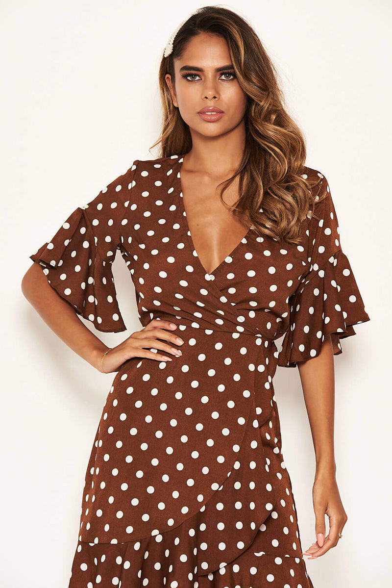 Brown Polka Dot Wrap Frill Dress AX Paris Brown Polka Dot Wrap Frill Dress AX Paris