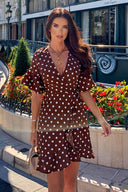 Brown Polka Dot Wrap Frill Dress