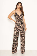 Brown V Neck Leopard Print Jumpsuit