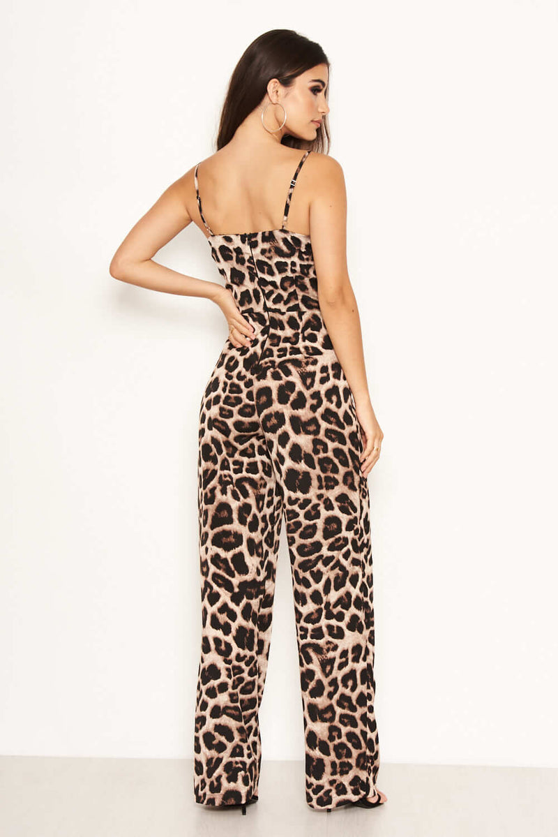 Brown V Neck Leopard Print Jumpsuit