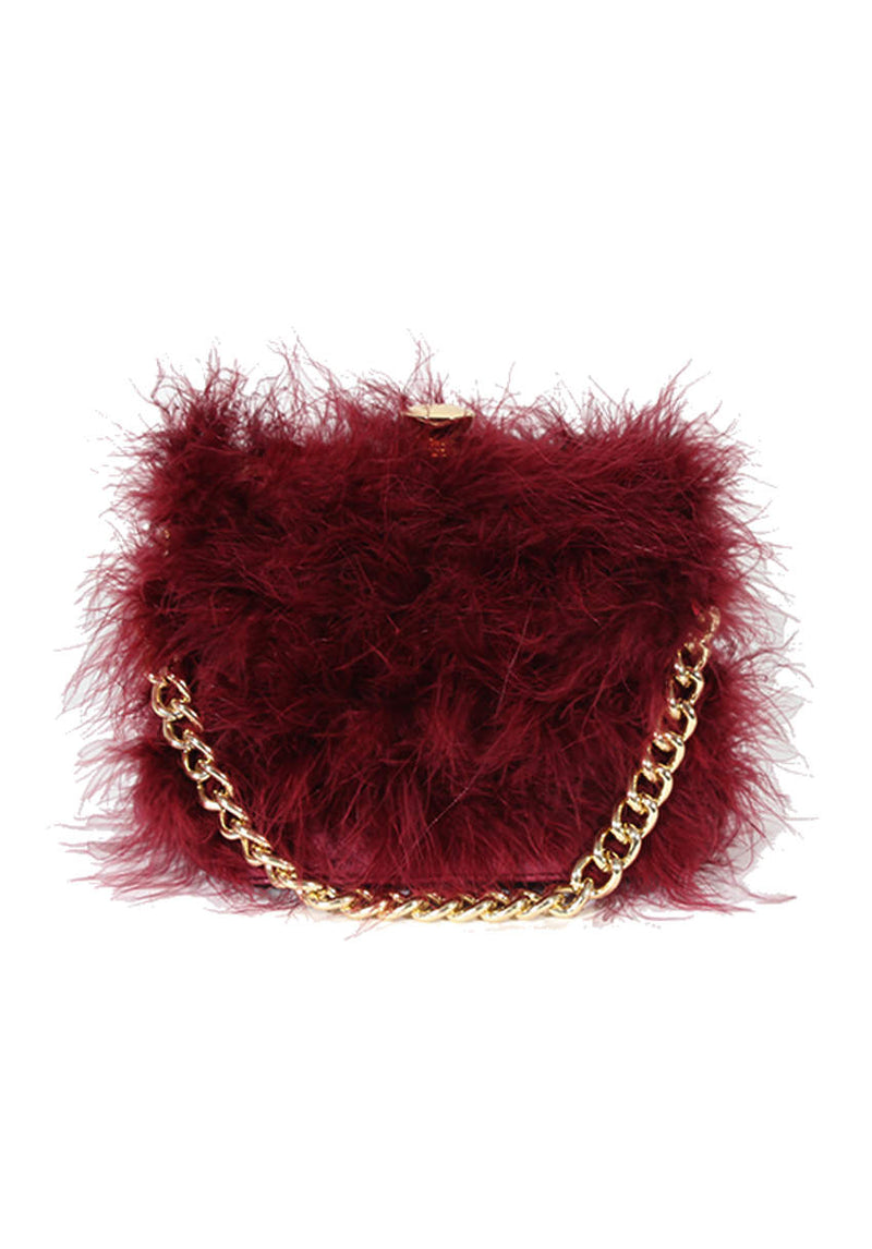 Burgundy Feather Gold Chain Clutch Bag