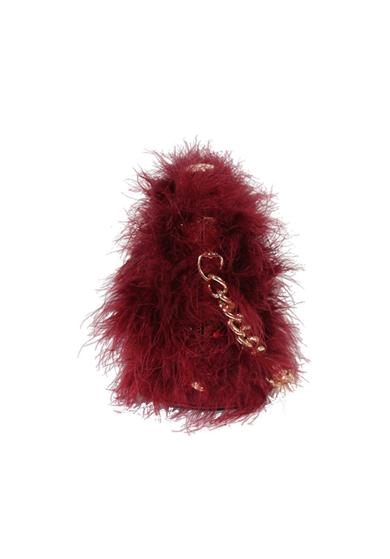 Burgundy Feather Gold Chain Clutch Bag