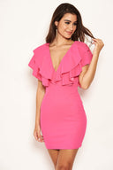 Cerise Plunge Ruffle Neckline Dress
