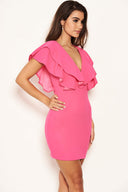 Cerise Plunge Ruffle Neckline Dress
