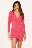Cerise Long Sleeve Ruched Wrap Dress