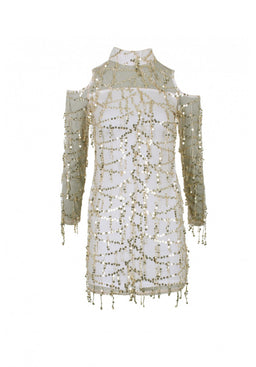 Champagne Long Sleeve Sequin Cut Out Dress