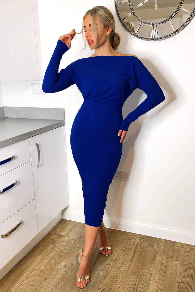 Blue Off Shoulder Ruched Dress AX Paris Blue Off Shoulder Ruched Dress AX Paris