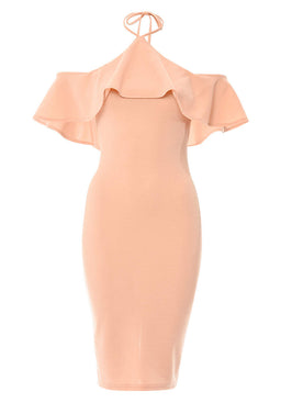 Blush Tie Neck Frill Midi Dress