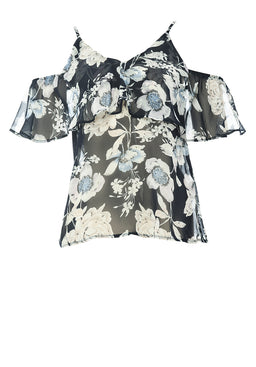 Navy Chiffon Cut Out Shoulder Frill Top