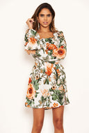 Cream Milkmaid Neck Floral Skater Dress