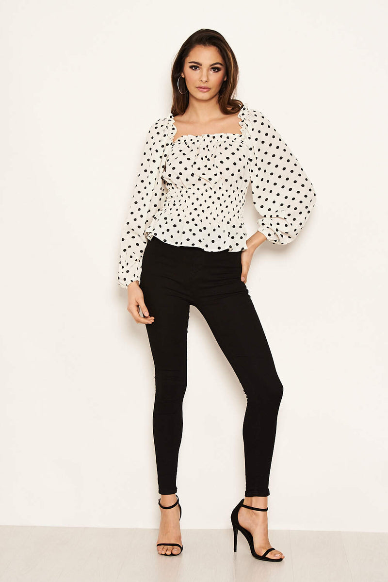 Cream Polka Dot Long Sleeve Top