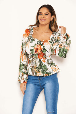 Cream Floral Square Neck Top