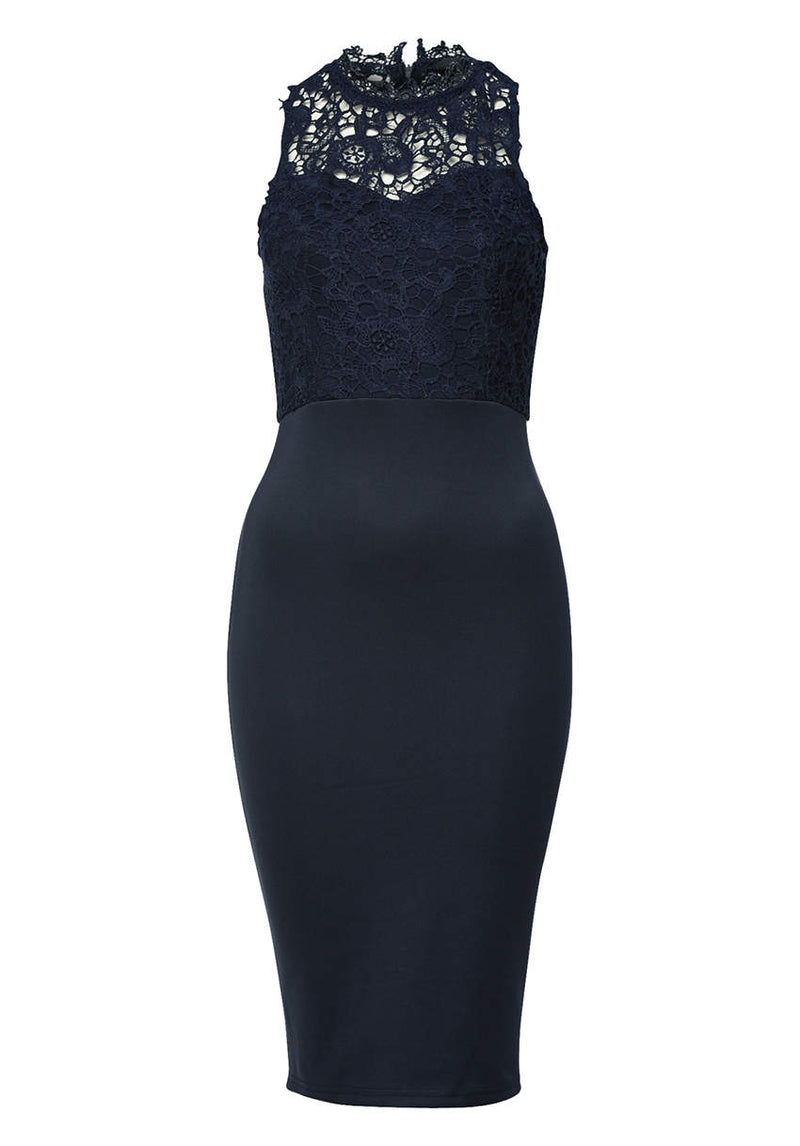 Navy Bodycon Midi Dress Crochet High Neck