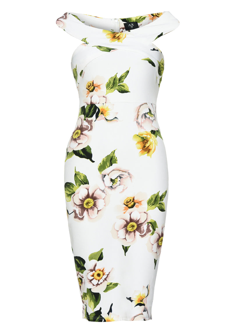 Printed Off Shoulder Cross Midi Dress