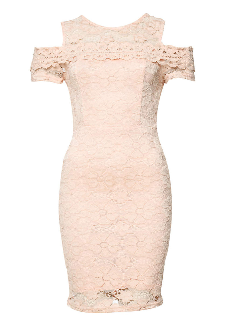Pink lace fitted dress best sale