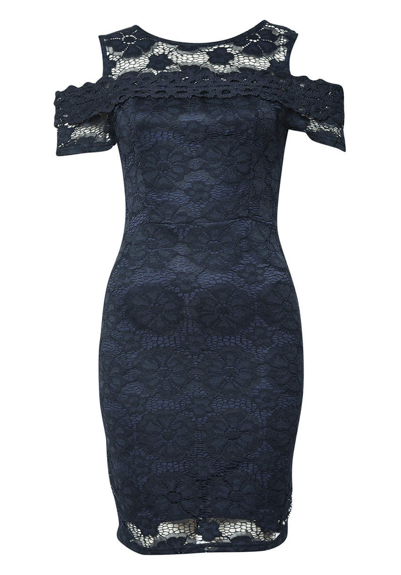 Navy Lace Cut Out Shoulder Bodycon Dress AX Paris Navy Lace Cut Out Shoulder Bodycon Dress AX Paris