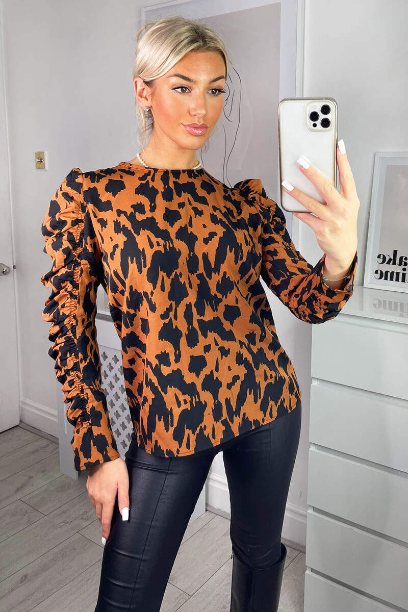 Camel Animal Print Long Gathered Sleeve Top