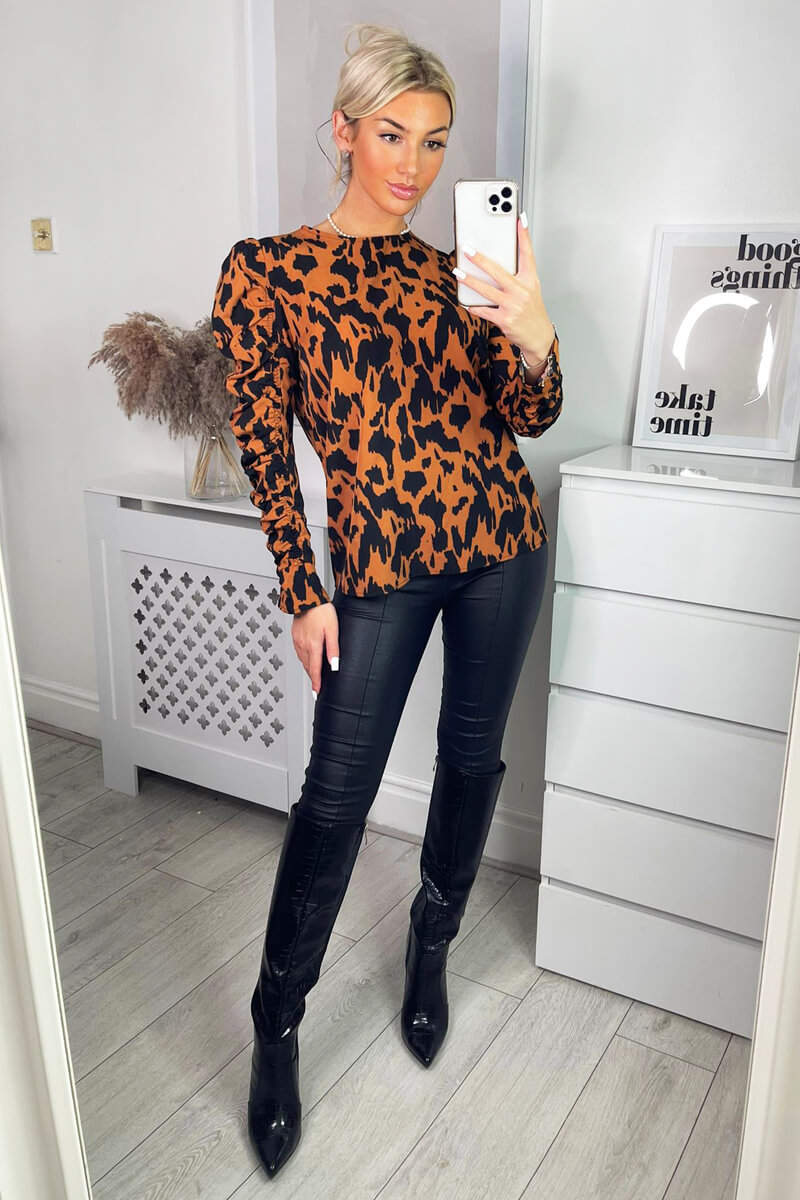 Camel Animal Print Long Gathered Sleeve Top