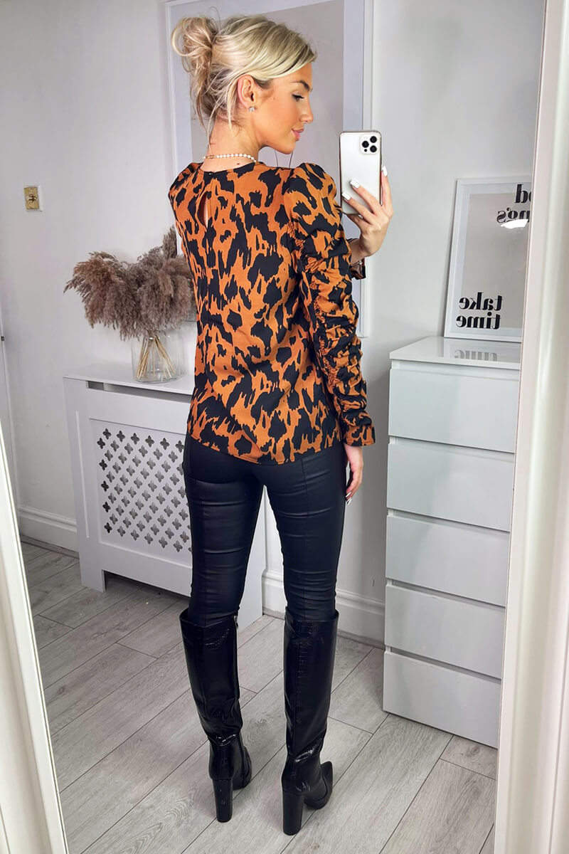 Camel Animal Print Long Gathered Sleeve Top