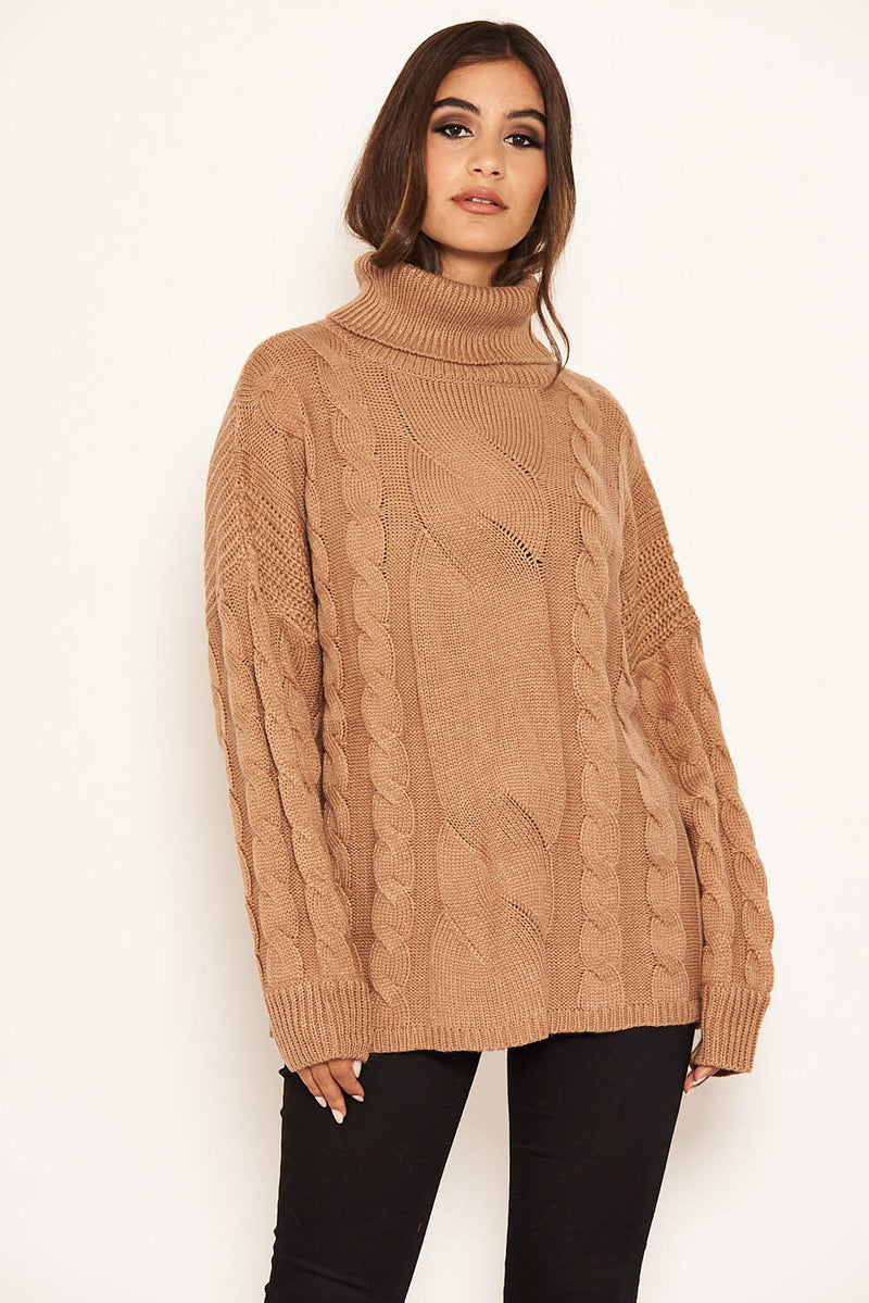 Camel Cable Knit Oversized Jumper