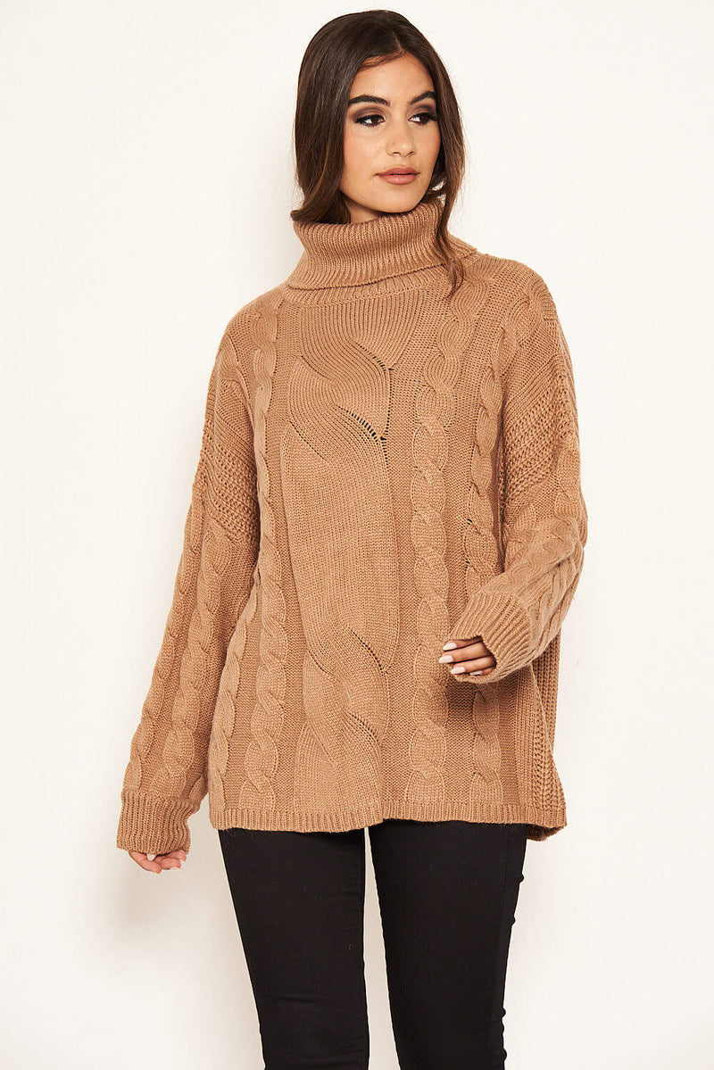 Camel Cable Knit Oversized Jumper