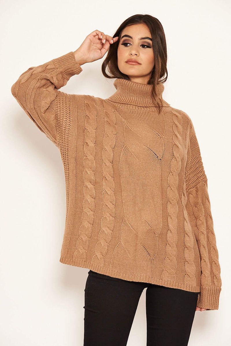 Camel Cable Knit Oversized Jumper