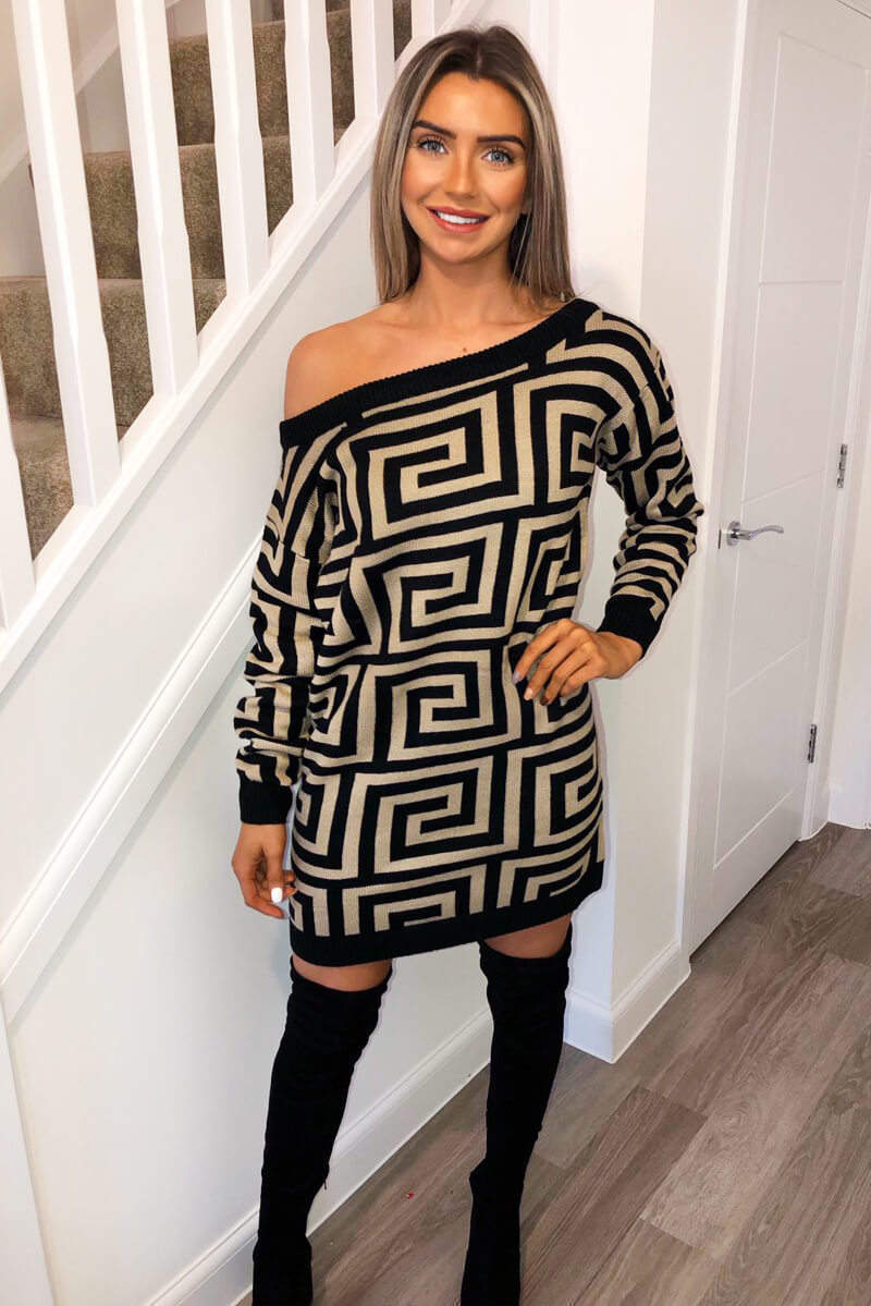 off-the-shoulder geo print dress Camel Geo Print Off The Shoulder Knitted Dress – AX Paris