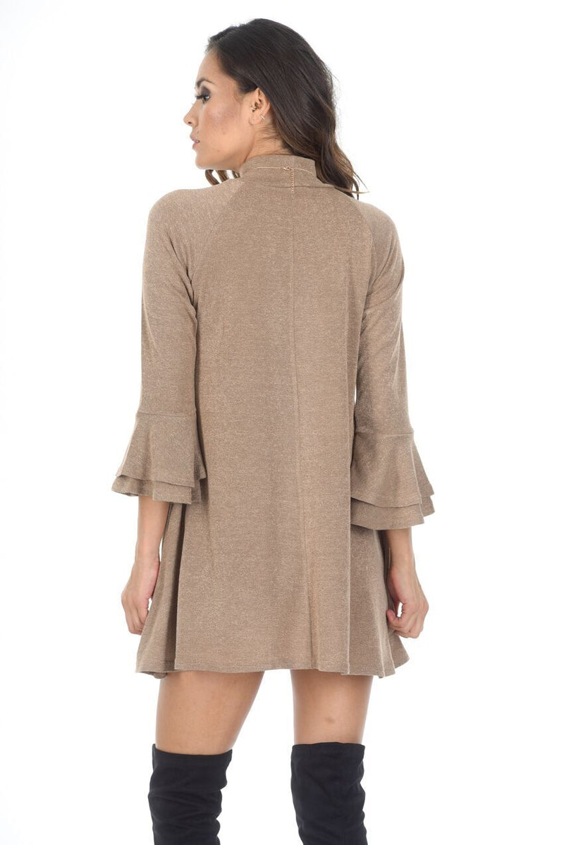 Camel High Neck Bell Sleeves A-line Dress