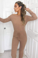 Camel Knitted Long Sleeve Jumpsuit