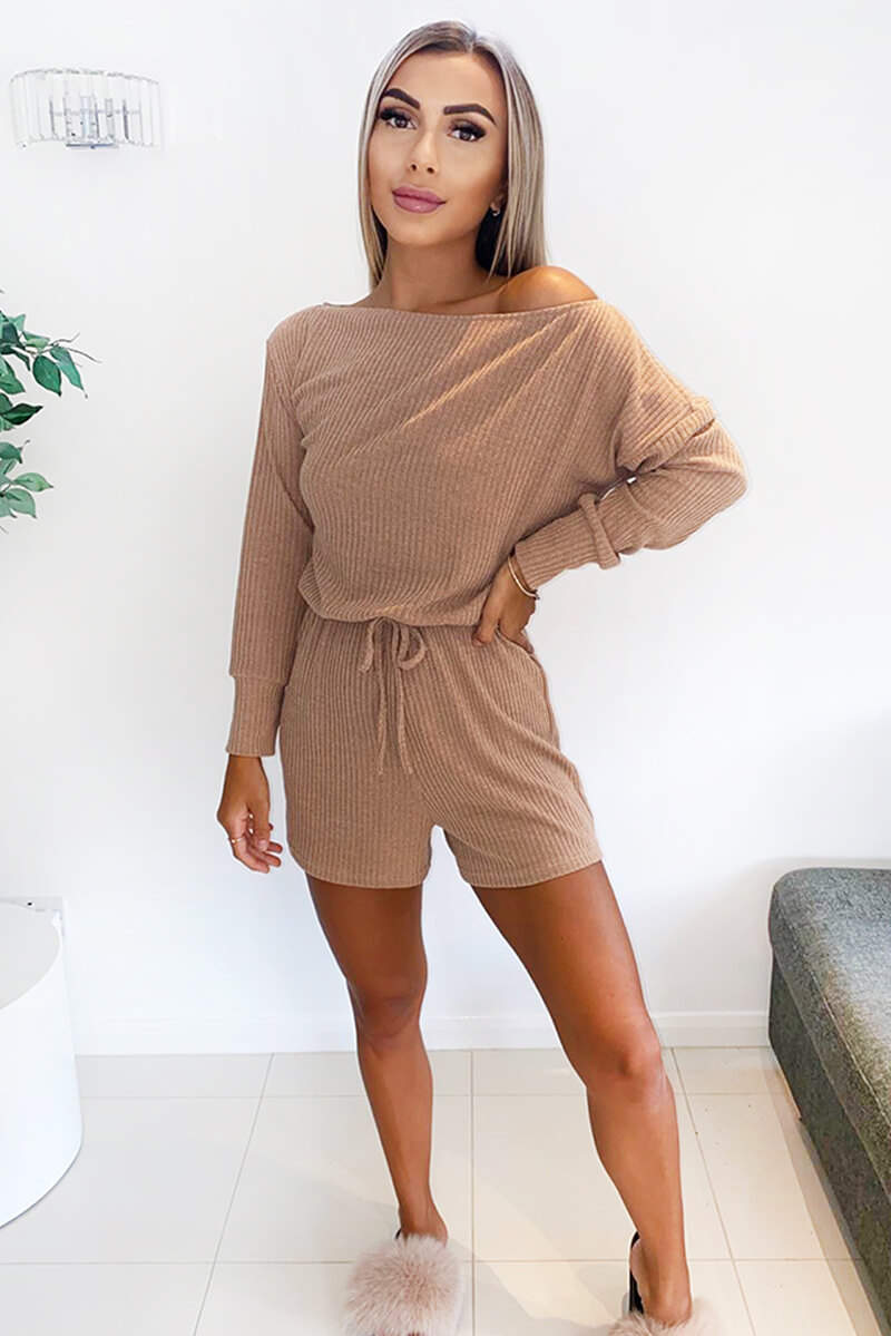 Camel Knitted Long Sleeve Playsuit