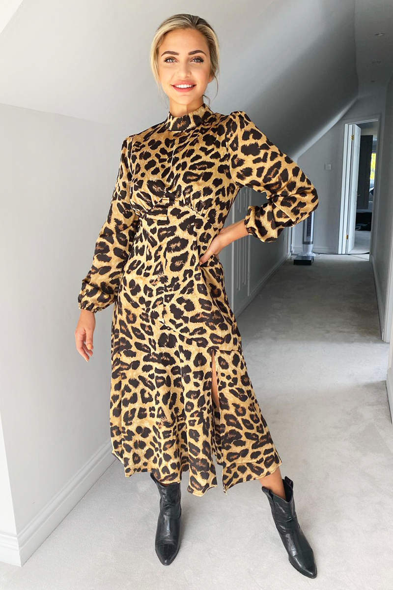 Camel Leopard Print Silky High Neck Dress