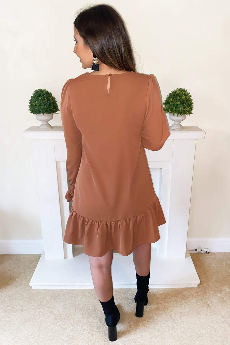 Camel Long Sleeve Frill Shift Dress AX Paris Camel Long Sleeve Frill Shift Dress AX Paris