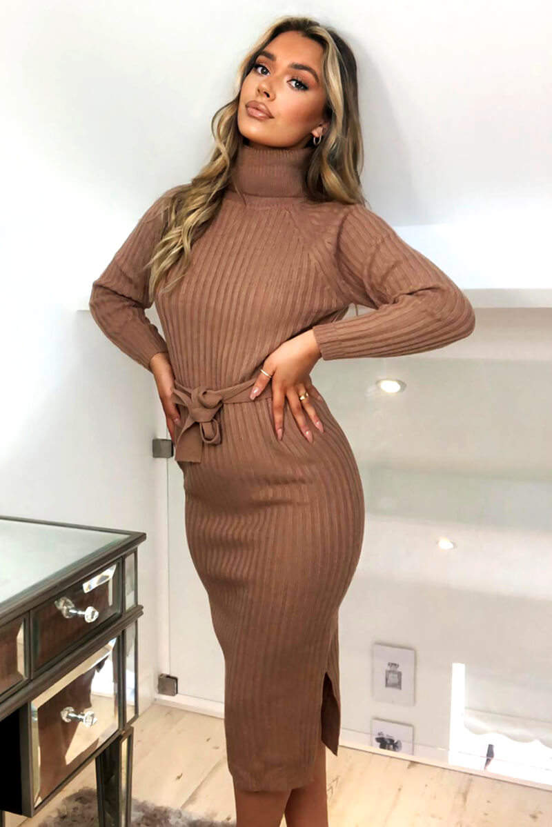 camel roll neck ribbed knitted midi dress Long-line – AX Paris Wedding Dresses In Guelph Color:RED BROWN Lauren Ralph Lauren Women's belt Midi