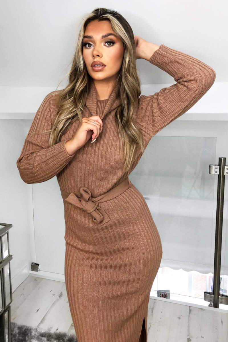 Camel Long-line Roll Neck Knitted Dress AX Paris Camel Long-line Roll Neck Knitted Dress AX Paris