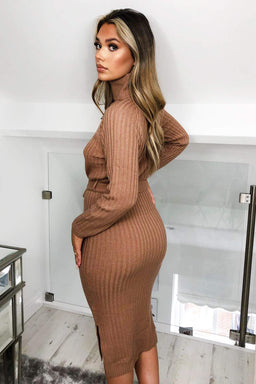 Camel Long-line Roll Neck Knitted Dress
